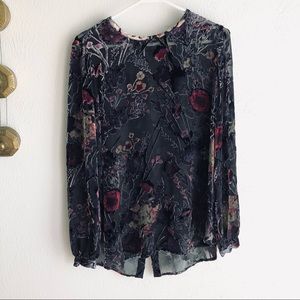 Haute Hippie > Silk Crushed Velvet Floral Long Sleeve Button Back Top